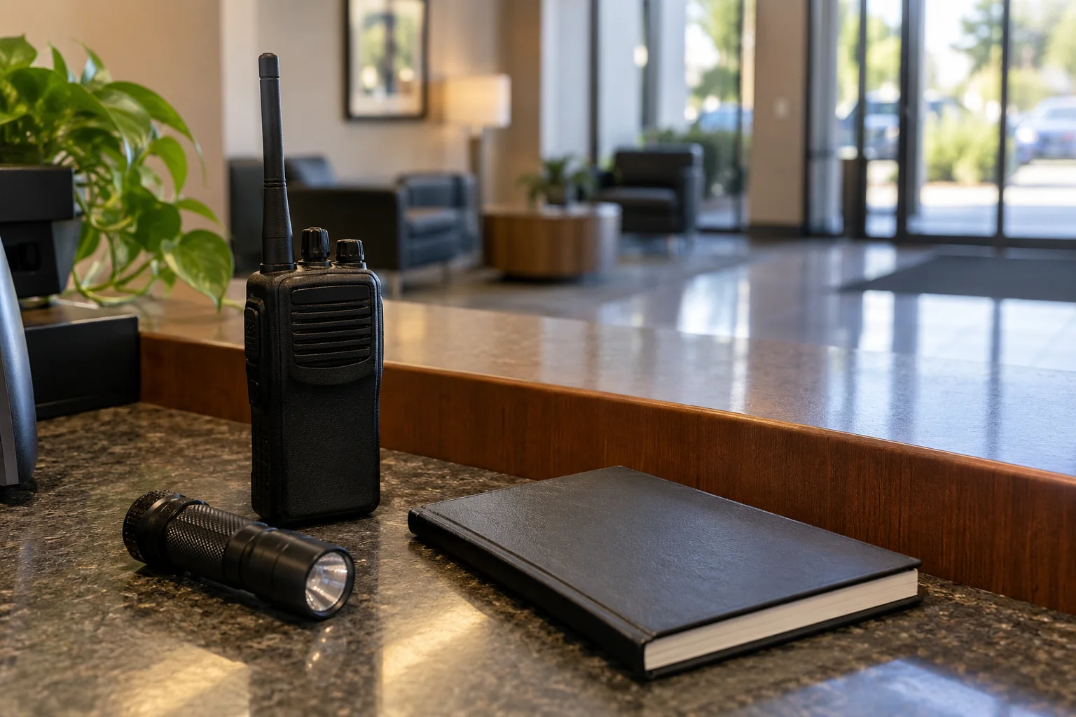 A handheld radio, flashlight and notebook on a reception desk