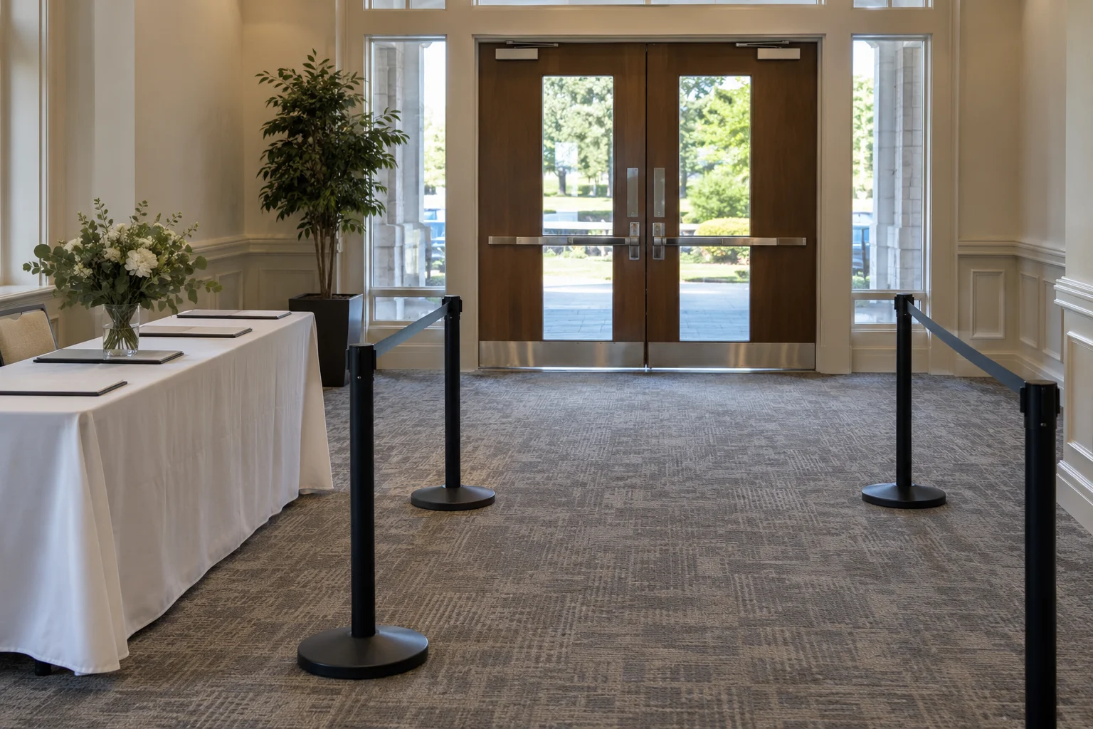 A clear event arrival lane with a reception table and belt stanchions