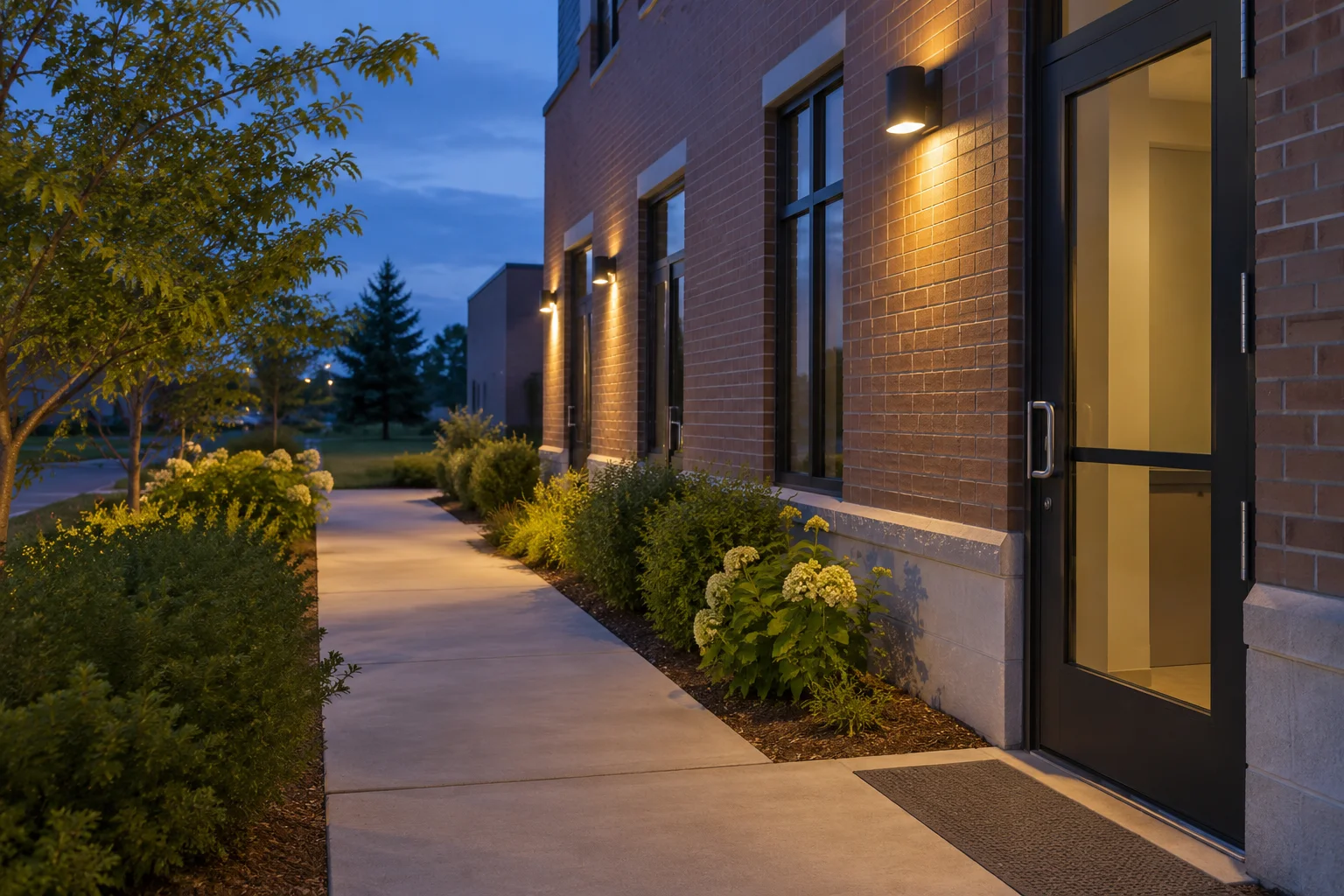 An illuminated walkway beside a commercial property